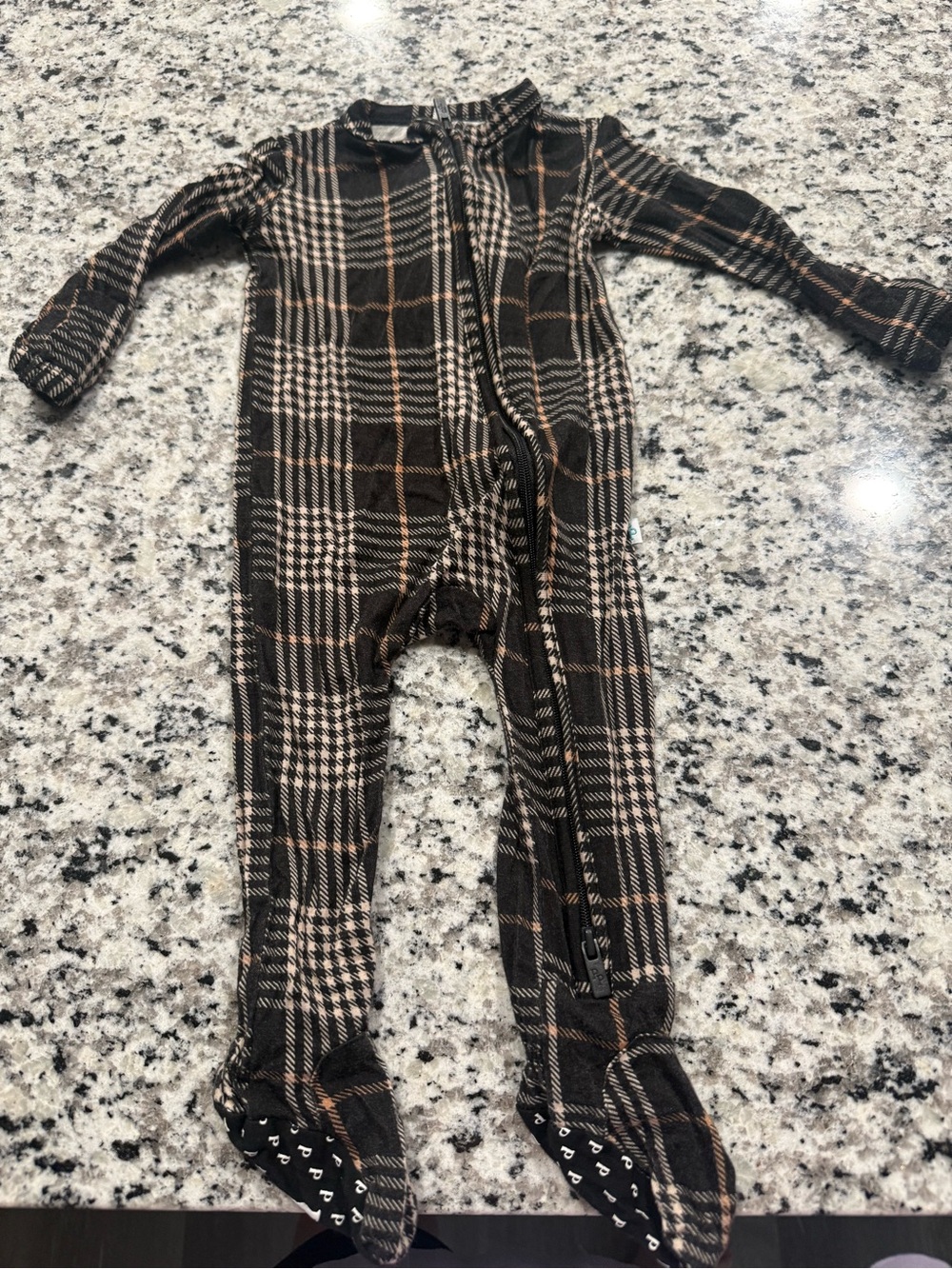 Posh Peanut Plaid Footed One-Piece Zipper Pajamas in Brown and Cream